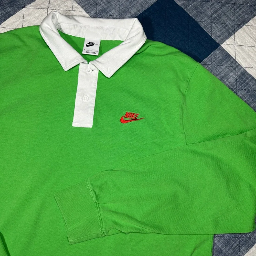 Neon Green Nike Rugby Polo Shirt Long Sleeve Large 72 White Contrast Collar